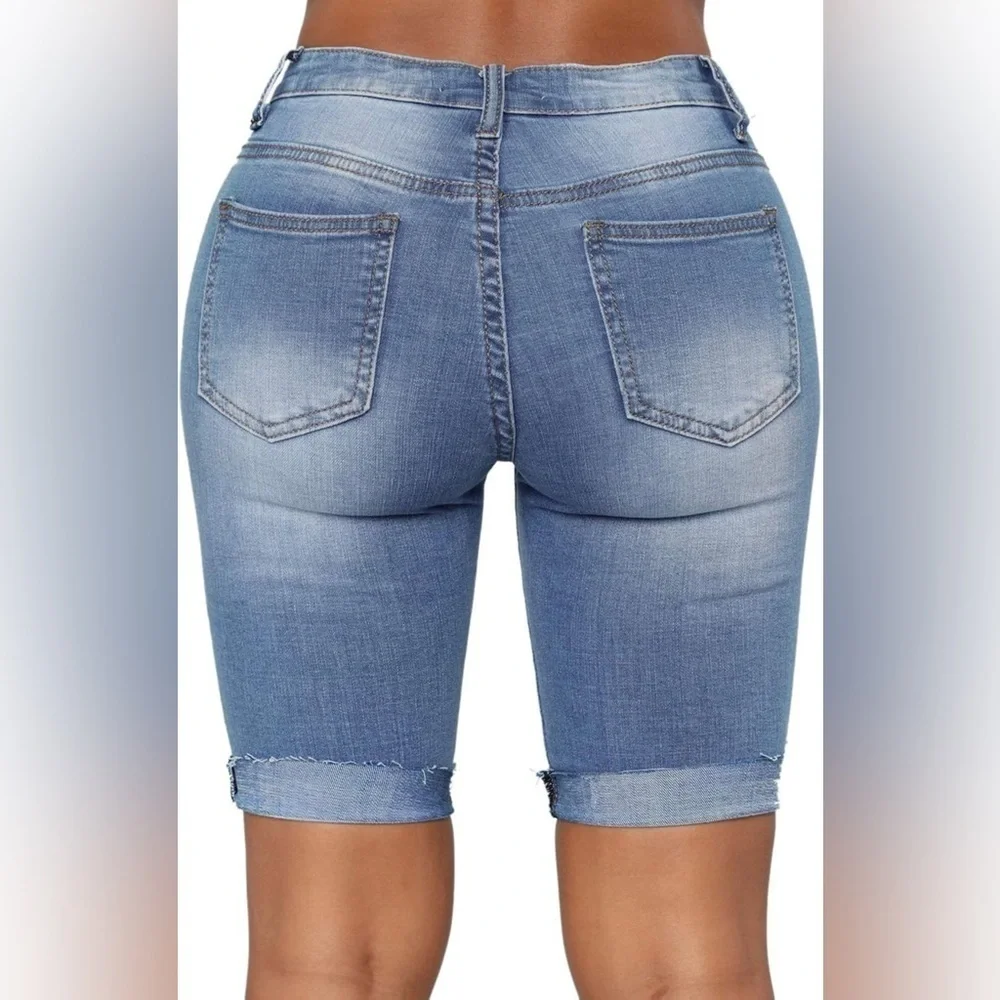 Sidefeel Distressed Rolled Cuffs Denim Ripped Bermuda Shorts Mid-Rise Denim L